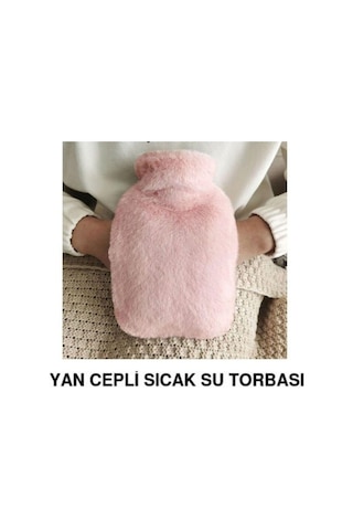 Sıcak Su Torbası Yan Cepli Pembe Peluş Termofor 27x17x2cm 1 Litre Pembe
