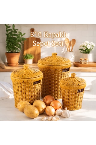 Porsima Pbt-439-2 3lü Hasır Sepet Kapaklı Bambu Sepet Seti Dekoratif Banyo Mutfak Düzenleyici Organizeri Açık Kahverengi