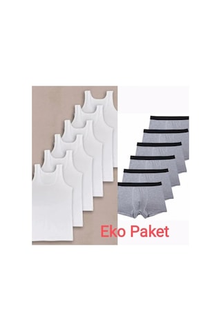 Erkek Çocuk İkili Set Pamuklu Penye 6 Atlet 6 Boxer Beyaz Gri