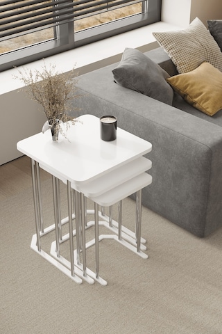 3' Lü Kare Zigon Sehpa Gümüş Ayak Beyaz 18 Mm Mdf Beyaz - Gümüş