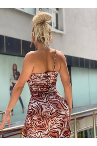 Pink Life Leopar Desenli İnce Askılı Midi Elbise Kahverengi