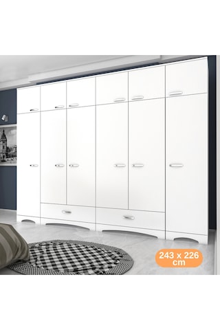 Rani Ba133 Geniş Gardırop Elbise Dolabı 12 Kapaklı 2 Çekmeceli 16 Raflı 2 Askılı Beyaz