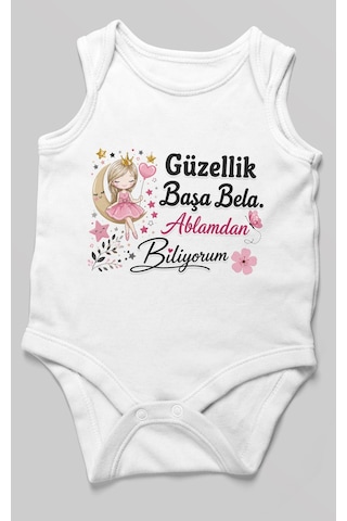 Morivokids Güzellik Başa Bela Ablamdan Biliyorum Sıfır Kol Bebek Zıbını %100 Pamuk Beyaz