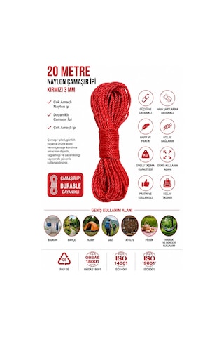 20 Metre Kırmızı Naylon İp 3 Mm, Çok Amaçlı Dayanıklı Çamaşır İpi, Kamp Bahçe Balkon Hamak Ve Taşıma Sab Çok Renkli