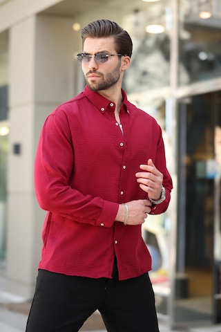Madmext Bordo Mavisi Uzun Kollu Oversize Erkek Gömlek 6735 Bordo