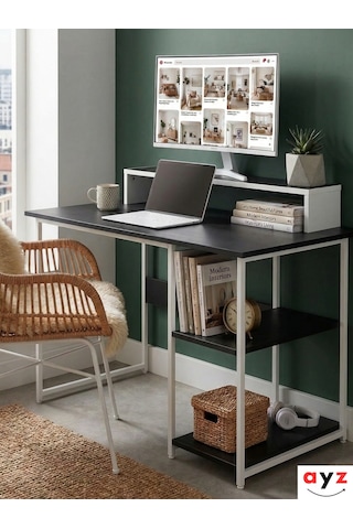 Ayz Vienna 2 Raflı Metal Ayak Çalışma Masası Laptop Masası Bilgisayar Masası 60x120cm Beyaz - Siyah