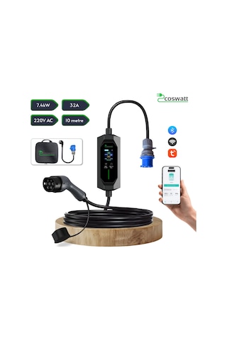 Coswatt Taşınabilir EV Şarj Cihazı CS-P1-32A / 7.4kW / 10m / Türkçe / 220V AC / Tip-2 / 3x32A CEE / Ev Tipi Dönüştürücü / Çanta