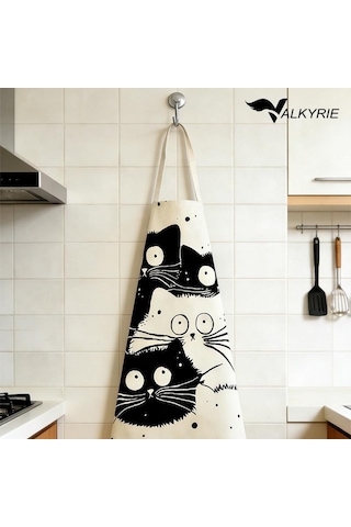 Valkyrie Siyah Beyaz Kedi Desenli Mutfak Önlüğü Cepli Unisex Mutfak Pişirme Temizlik Servis Önlüğü Siyah - Beyaz