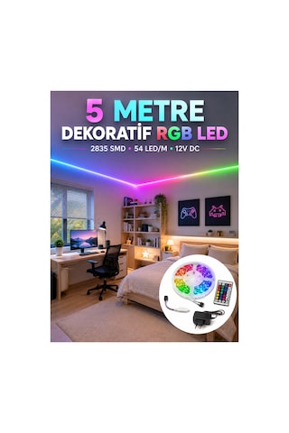 En Popüler 5 Metre Rgb Şerit Led 2835 Smd 54 Led/m Uzaktan Kumandalı Dekoratif Aydınlatma Uygun Renklı