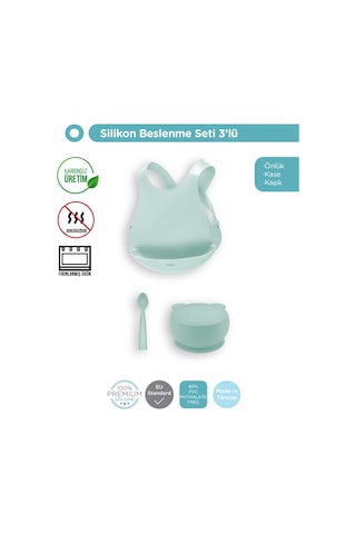 3'lü Set Kapaklı Kase River Green, Nam Nam Kaşık River Green, Mama Önlüğü Yeşil