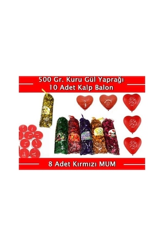 Renkli Kokulu Gül Yaprakları 500 Gr + 10 Kalpli Balon + 8 Kırmızı Mum Turkuaz