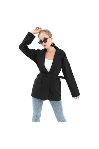 Düşük Omuz Kemerli Atlas Kumaş Blazer Ceket - Siyah-siyah Siyah