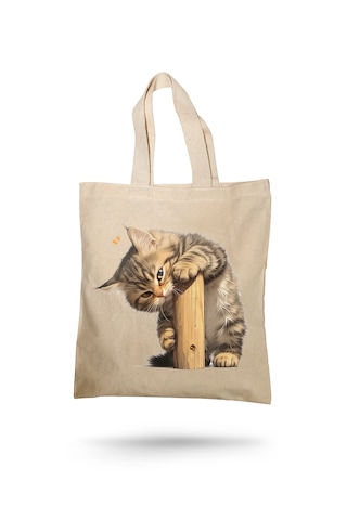 Lunora Collectıon Sevimli Kedi Baskılı Ham Bez Çanta Ham Renk