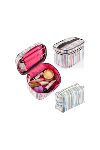 Seyahat Makyaj Çok Fonksiyonlu Kozmetik Çantası Kumaş 2'li Set Çizgili