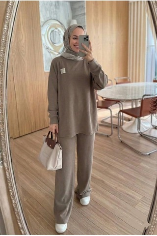 Unika Boutique Fitilli Armalı Detaylı Oversize Kaşkorse Basic Alt Üst Takım Vizon