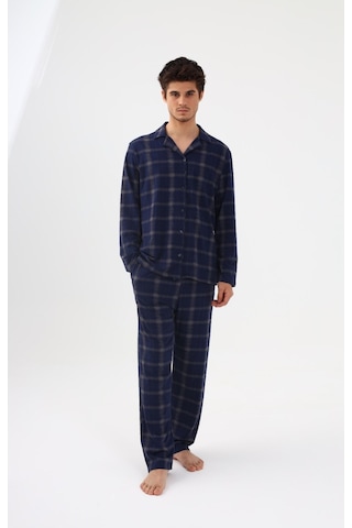 Erkek Pamuklu Mavi Ekose Desenli Uzun Kollu Cep Detaylı Gömlek Yaka Pijama Takımı Ko60113 Mavi