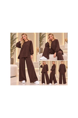 Bul-al Kadın Oversize Bisiklet Yaka Uzun Kollu Tunik Ve Cepli Olmayan Bol Paça Pantolon İkili Takım Kahverengi