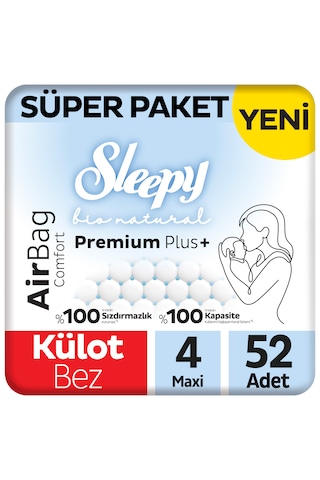 Sleepy Bio Natural Premium Plus Airbag Comfort Süper Paket Külot Bez 4 Numara Maxi 52 Adet