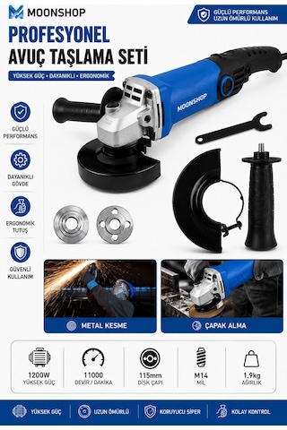 Moonshop 2800W Devir Ayarlı Avuç Içi Spiral Taşlama Makinesi 115-125 MM + 2 Adet Inox Disk