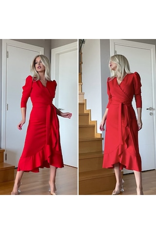 Krep Kumaş Midi Boy Kuşaklı Uzunkol Elbise Bediva 001