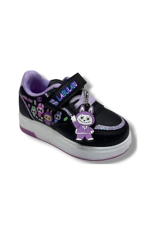 Prokids 4011-26 Cilt Deri Labubu Maskotlu Anatomik Kız Çocuk Sneaker Siyah Lila 26-30 Siyah