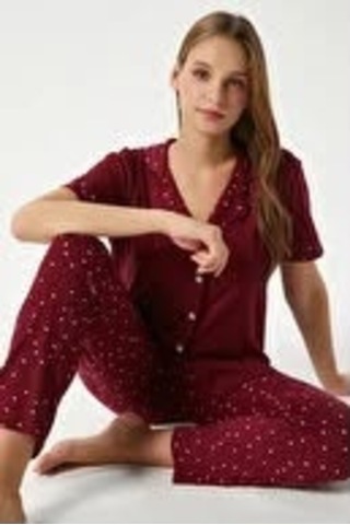 Pijamoni Bayan Milan Kısakollu Boydan Düğmeli Pijama Takım 7515 bordo