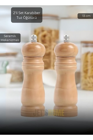 2 Li Set Karabiber Değirmeni Tuz Değirmeni Kalınlık Ayarlı Baharat Öğütücü Seramik Bıçaklı 13 Cm Ahşap