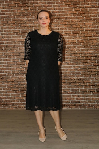 Nidya Moda Büyük Beden Midi Kol Elbise-4009Bds Siyah