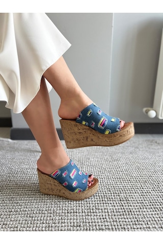 Asmi Shoes Kadın Limo Mavi Kot Dolgulu Mantar Taban Terlik 10 Cm Mavi
