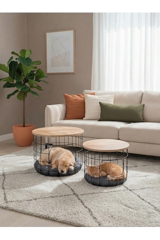 2'li Kedi Yuvalı Sepet Sehpa Metal Gövde Ahşap Tabla Minderli Orta Sehpa Çam