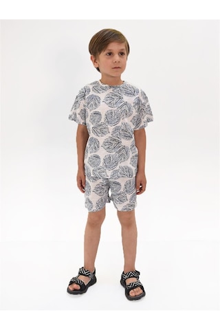 Luess Erkek Çocuk Yaprak Desenli Tshirt Şort Takım Beyaz - Mavi