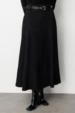 Mizalle Siyah A Kesim Kemerli Kalın Volanlı Maksi Etek Siyah