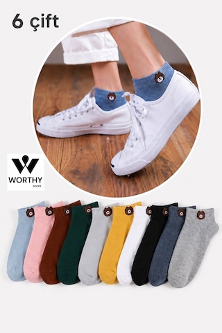 Worthy Socks 6 Lı Ayıcık Desenli Patik Çorap Seti Pamuklu Günlük Çorap Renkli