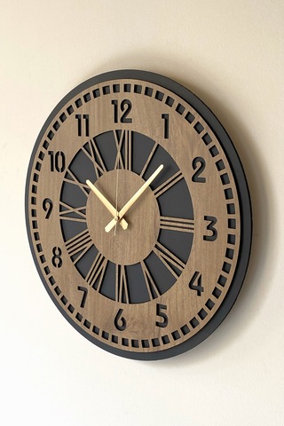 Remium Mat Siyah- Açık Kahverengi Duvar Saati 48cm Ahşap - Siyah