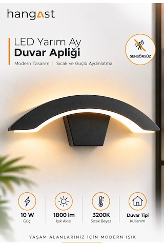Led Yarım Ay Duvar Apliği 10w 1800 Lm 3200k Sıcak Beyaz Sensörsüz Modern Duvar Lambası Siyah