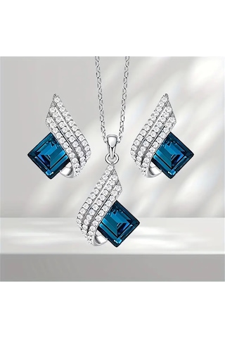 Lüks Mavi Melek Kanatları Kolye Seti Gümüş Kaplama Gümüş