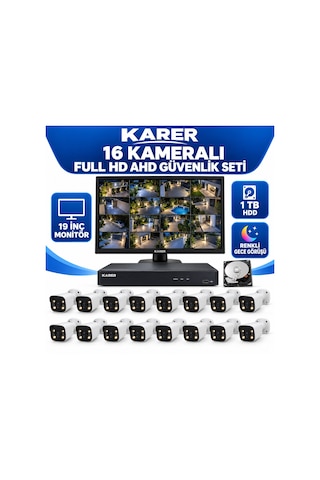 15 Kameralı 19 İnç Monitörlü Full Hd Ahd Güvenlik Seti 1 Tb Hdd, 305 Metre Kablo, Renkli Gece Görü
