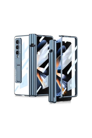 Rba Aksesuar Galaxy Uyumlu Z Fold 4 Kılıf Rba Kıpta Standlı Kalem Bölmeli Kapak - Mavi Mavi