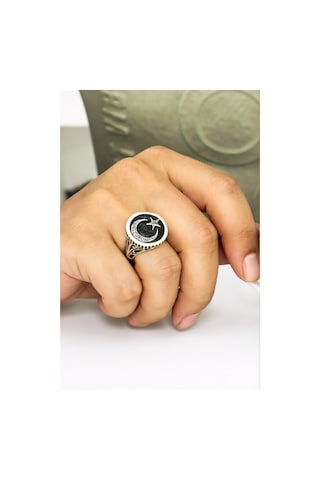 925 Ayar Gümüş Karartmalı Ayyıldızlı Kelime-i Tevhid Yazılı Erkek Yüzük-8479 Gümüş
