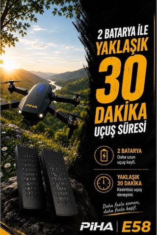 Piha E58 DRONE Yeni Fırçasız Motor 2 Batarya İle 30 DK Uçuş Süresi Hd 720p Çift Kameralı Taşıma Çantalı
