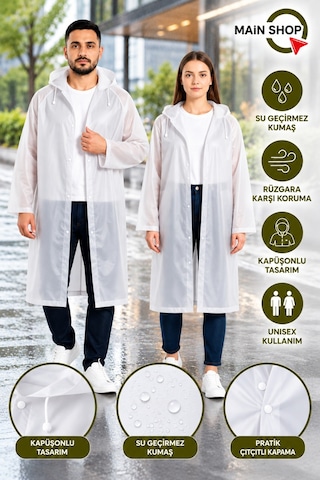 Mainshop Unisex Yağmurluk Kapüşonlu Çıtçıtlı Su Geçirmez Uzun Yağmurluk Kadın Erkek Beyaz