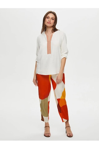 Faik Sönmez Yakası Nakışlı 3/4 Kol Ketenli Kadın Bluz Us25blz020 Ekru