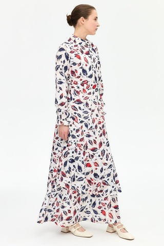 Yaprak Desenli Empirime Elbise Lacivert