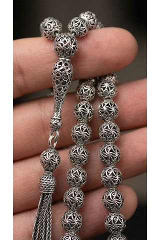 925 Ayar Küre Kesim 3 Kamçılı Püskül Bilek Boy Spiral Desenli Otantik Gümüş Tesbih Rzt10019 Gümüş  - Siyah
