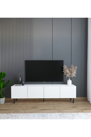 Minimalist 160 Cm Demir Ayaklı Modern Tasarım Beyaz TV Ünitesi