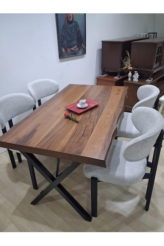 Masa Kütük 90601 V Ayak Sabit Ahşap Boyalı 4 Adet Sandalye Metal Ayak Kahverengi