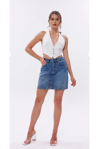 Eseclass Kadın Mavi Yüksek Bel Taş İşlemeli Denim Mini Etek - Işıltılı Kot Etek