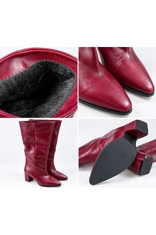 Dabab Shoes Mıressa Kadın Bordo Kırışık Yarı Rugan Cilt Sivri Burun Geniş Baldır 6 Cm Kalın Topuklu Uzun Çizme
