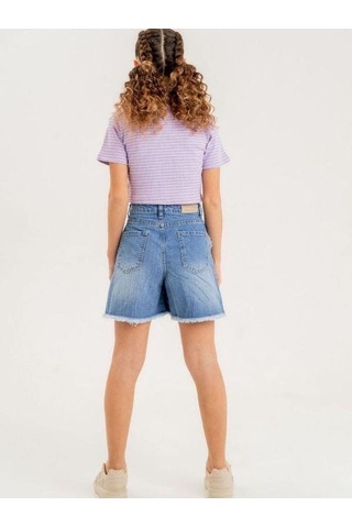 Kız Çocuk Kalp İşlemeli Denim Şort-13912 Mavi