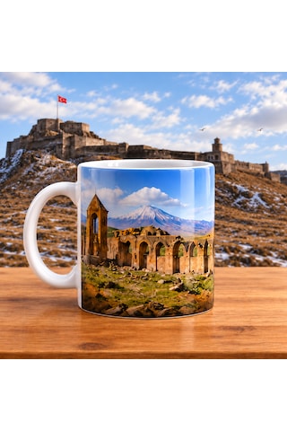 Ani Harabeleri Baskılı Porselen Kupa 300 Ml Kars Temalı Hediyelik Bardak Tekli Beyaz